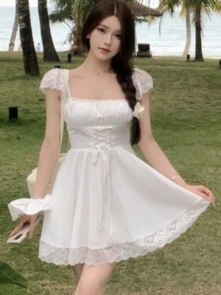 Y2K Lace Princess Party Dress Sexy Spaghetti Strap Square Collar Ruffles A-line Short Dresses for Women Prom Summer Mini Vestido