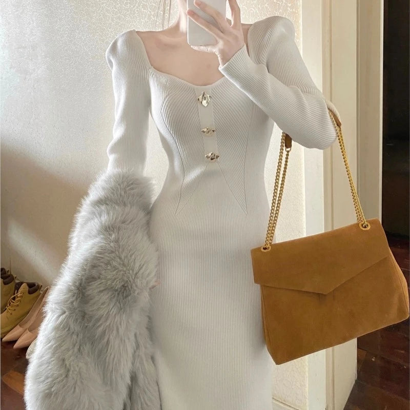 Autumn Winter New Knitted Dresses for Women Solid Square Collar Slim Bodycon Vintage Chic Korean Fashion Midi Vestidos Mujer