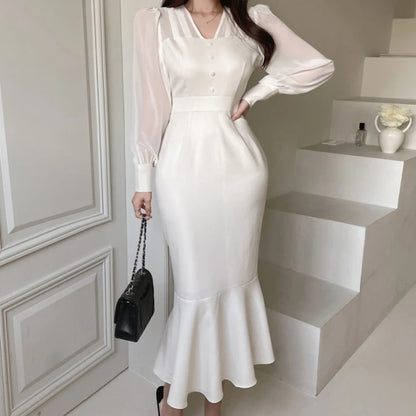 Autumn New Korean Fashion Bodycon Midi Dresses for Women Mesh Patchwork Long Sleeve Fishtail Office Lady Mermaid Party Dress
