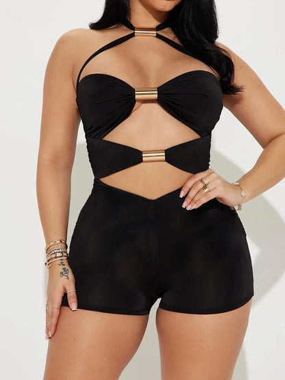 Mono ajustado con cuello halter, sexy, calado y con lazo, sin mangas, para mujer, ideal para vacaciones de verano