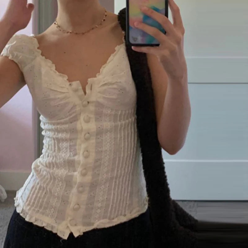 90s French Vintage Floral T-shirt Fairy Grunge Kawaii Button Frill V Neck Pullovers Tee Women Y2K Aesthetic White Crop Top Retro