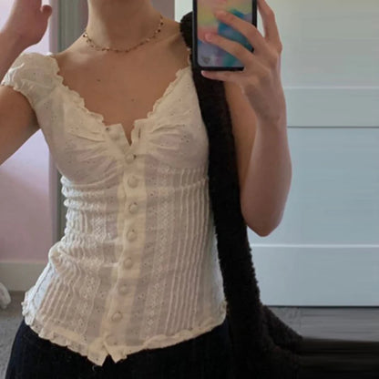 90s French Vintage Floral T-shirt Fairy Grunge Kawaii Button Frill V Neck Pullovers Tee Women Y2K Aesthetic White Crop Top Retro