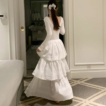 Vestidos midi de otoño para mujer, de manga larga, lisos, con cuello en U, sin espalda, corte en A, moda coreana, informales, de una pieza