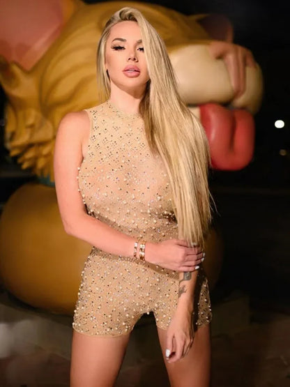 Bodycon Rompers Beading Playsuit Women Y2k Clothes Sleeveless Combinaison Femme Sexy Bodysuits O-Neck One Piece Club Outfit