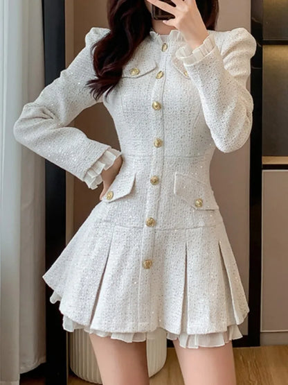 Vestido corto a cuadros de tweed para mujer, moda Otoño Invierno, nuevo, plisado, con una sola botonadura, elegante y chic.