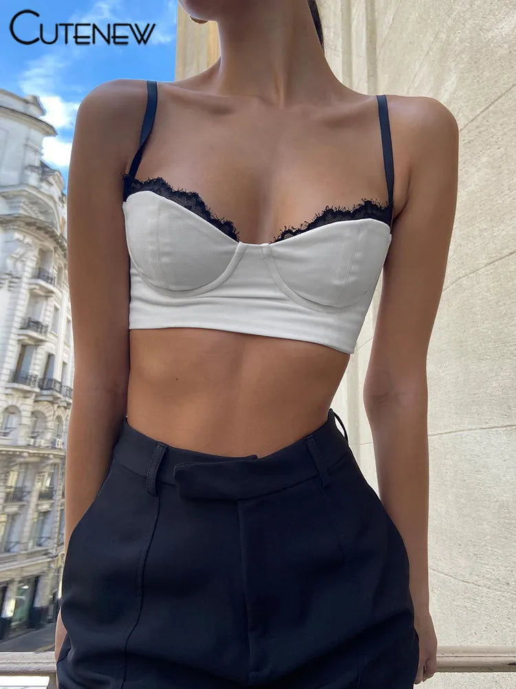 Y2K - Camiseta sin mangas con tirantes y retazos para mujer, camisola sexy de verano, sin mangas, ajustada, de encaje blanco, informal, ropa de calle