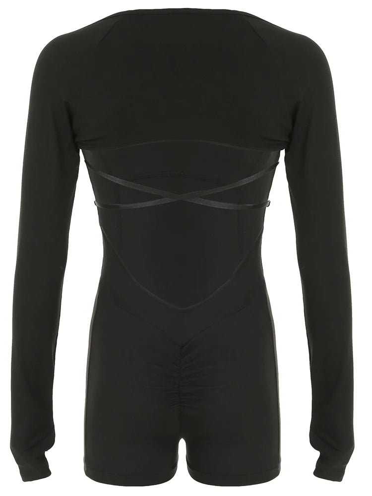 Conjunto deportivo de dos piezas, ajustado, sexy, con espalda cruzada y top corto de manga larga con costuras abiertas para mujer