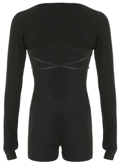 Conjunto deportivo de dos piezas, ajustado, sexy, con espalda cruzada y top corto de manga larga con costuras abiertas para mujer