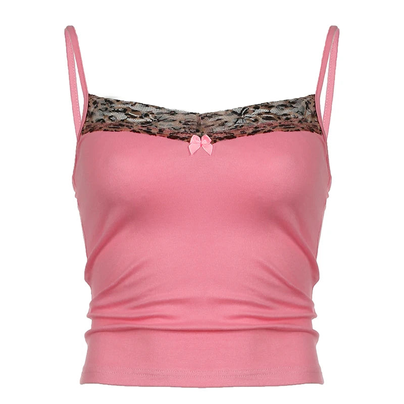 Camisola rosa con cuello estampado de leopardo Y2K para mujer, sin mangas, de punto, linda y sexy, top corto de verano, chaleco informal para mujer, conjuntos