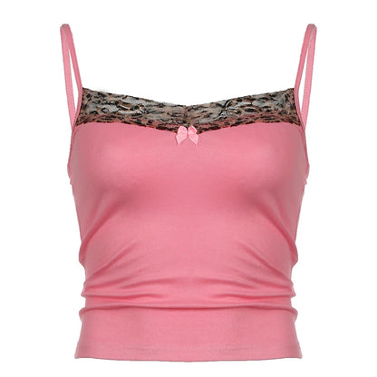 Camisola rosa con cuello estampado de leopardo Y2K para mujer, sin mangas, de punto, linda y sexy, top corto de verano, chaleco informal para mujer, conjuntos