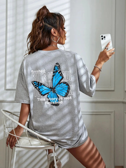Art Word and Blue Butterfly Printed Women T-Shirt Casual Cotton Short Sleeve Breathable Summer T Shirt Street Clothing