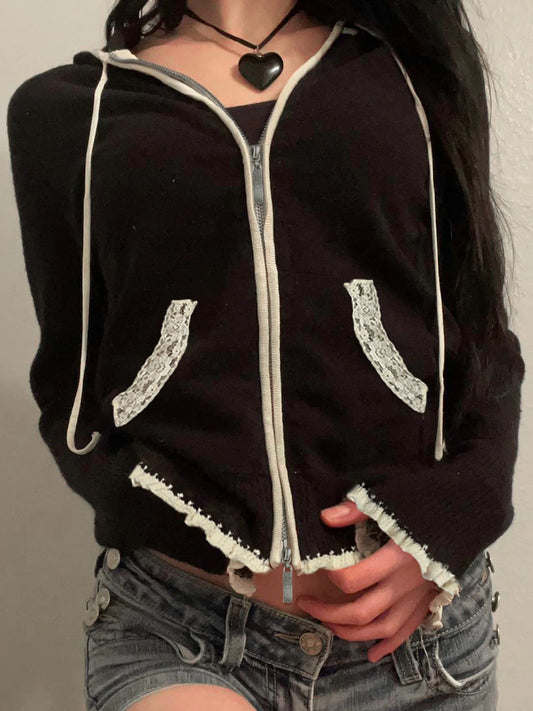 Suéter de punto con ribete de encaje negro para mujer, cárdigan de otoño e invierno, abrigo nuevo, básico, dulce, combinable, a la moda.