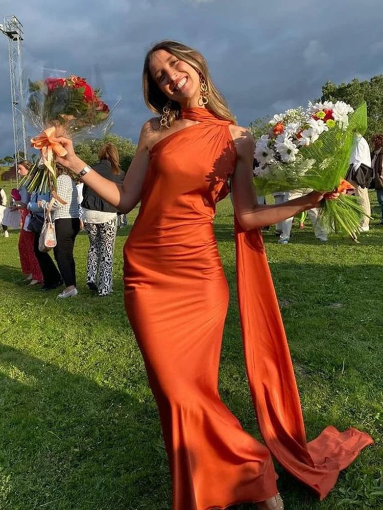 Women Satin Ribbon Halter Party Evening Dress Women Elegant Backless Off Shoulder Sleeveless Long Dresses Fashion Lady Robes