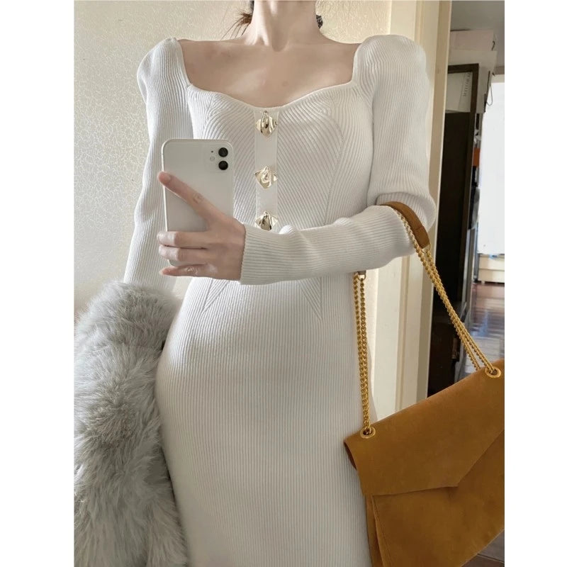 Autumn Winter New Knitted Dresses for Women Solid Square Collar Slim Bodycon Vintage Chic Korean Fashion Midi Vestidos Mujer