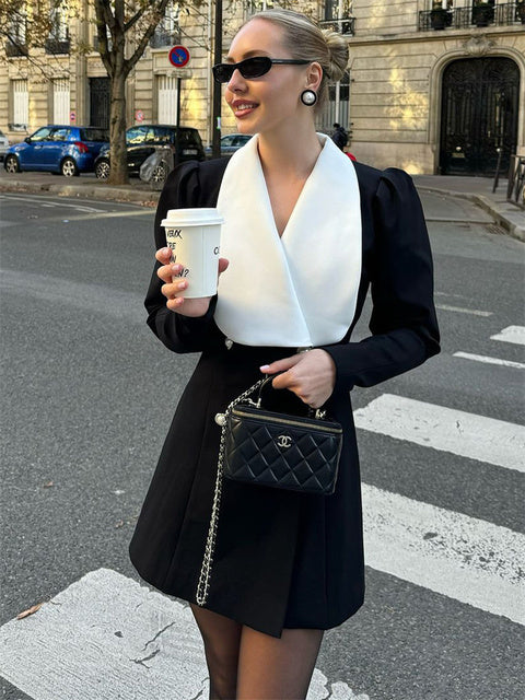 Autumn Fashion Elegant Mini Dress For Women Patchwork Slim Long Sleeve V-Neck High Waist Commute Female Party Dress