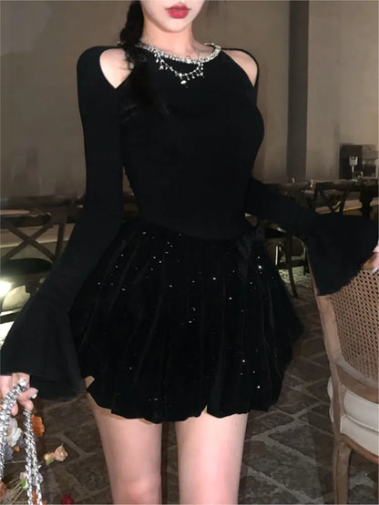 Vestidos negros de punto para otoño e invierno para mujer, de manga larga, cintura alta, corte A, para fiesta de cumpleaños, minivestidos, ropa femenina