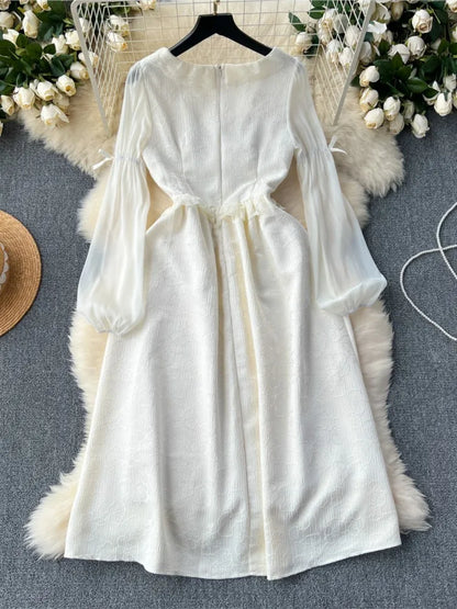 Autumn Elegant Wedding Princess Party Dress Women Korean Jacquard Fairy Vintage Lace-up Lantern Sleeve Dresses Vestidos