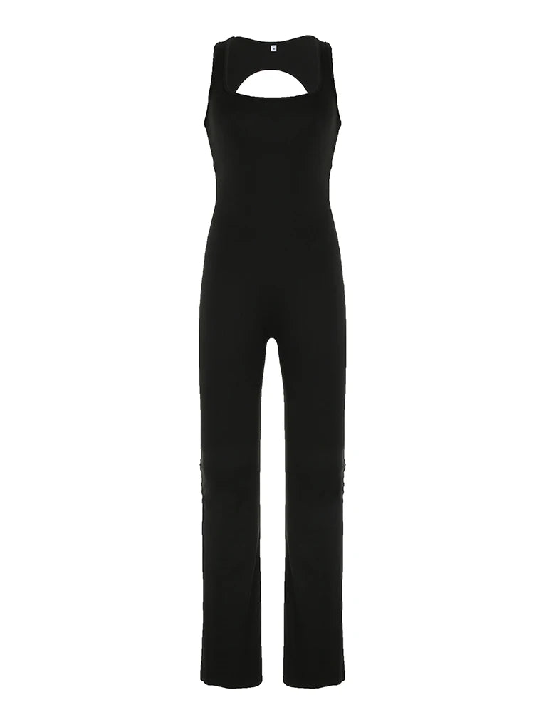 Backless Skinny Sexy Black Jumpsuits For Women Sleeveless Square Collar Rompers Rave Summer Vacation Baddie Outfits