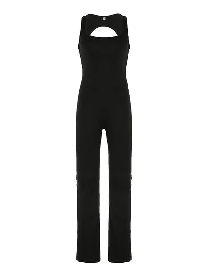 Backless Skinny Sexy Black Jumpsuits For Women Sleeveless Square Collar Rompers Rave Summer Vacation Baddie Outfits