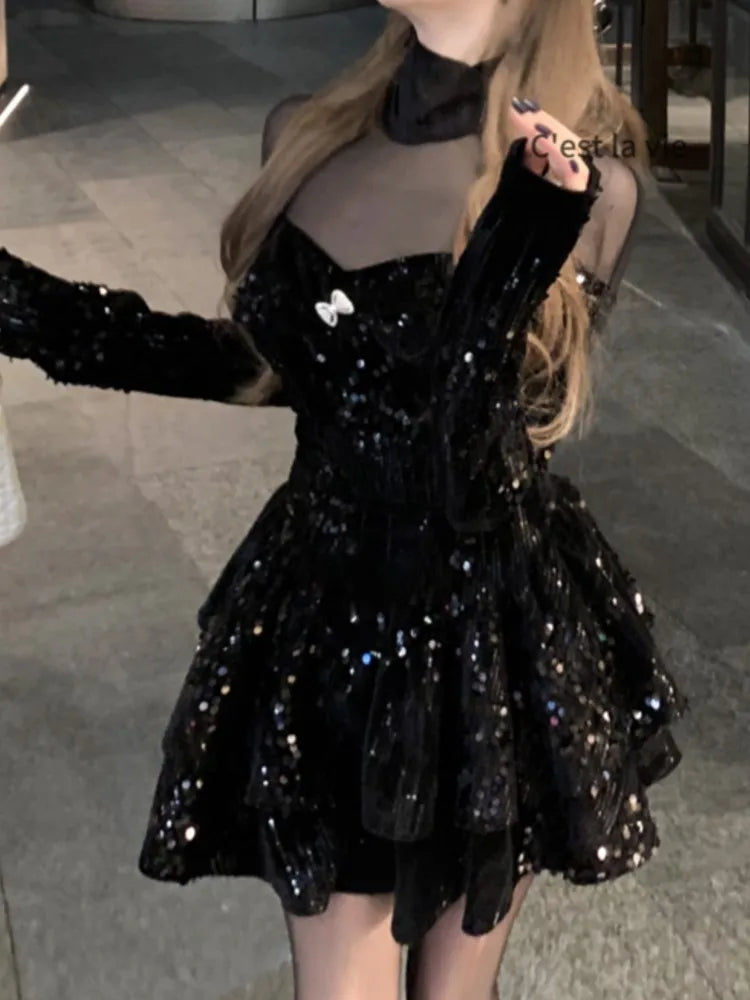 Vestido elegante informal de corte A para mujer, color negro, estilo vintage de terciopelo, a la moda, para fiestas, noches y Navidad