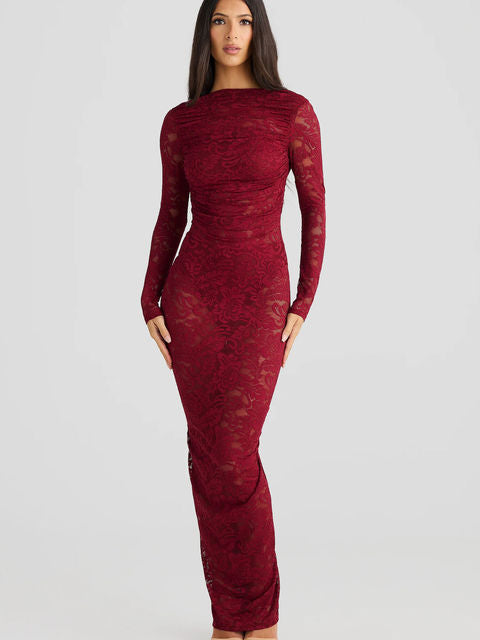 Vestido de noche ajustado con espalda descubierta y encaje de retazos para mujer, elegante, de manga larga, para fiesta y club, otoño/invierno 2025