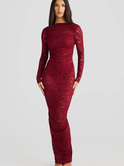 Vestido de noche ajustado con espalda descubierta y encaje de retazos para mujer, elegante, de manga larga, para fiesta y club, otoño/invierno 2025