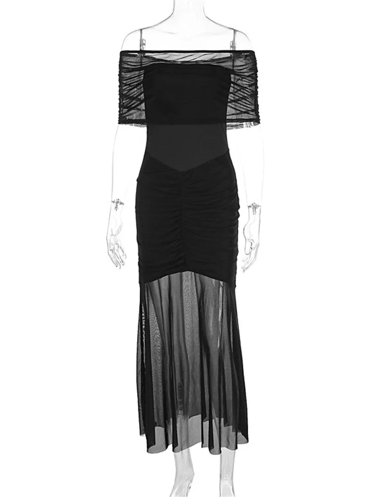 Autumn Mesh 2 Piece-Set Long Dress Women Off-Shoulder Pleated Elegant Bandeau Dress See-Through Female Maxi Dress Outfits