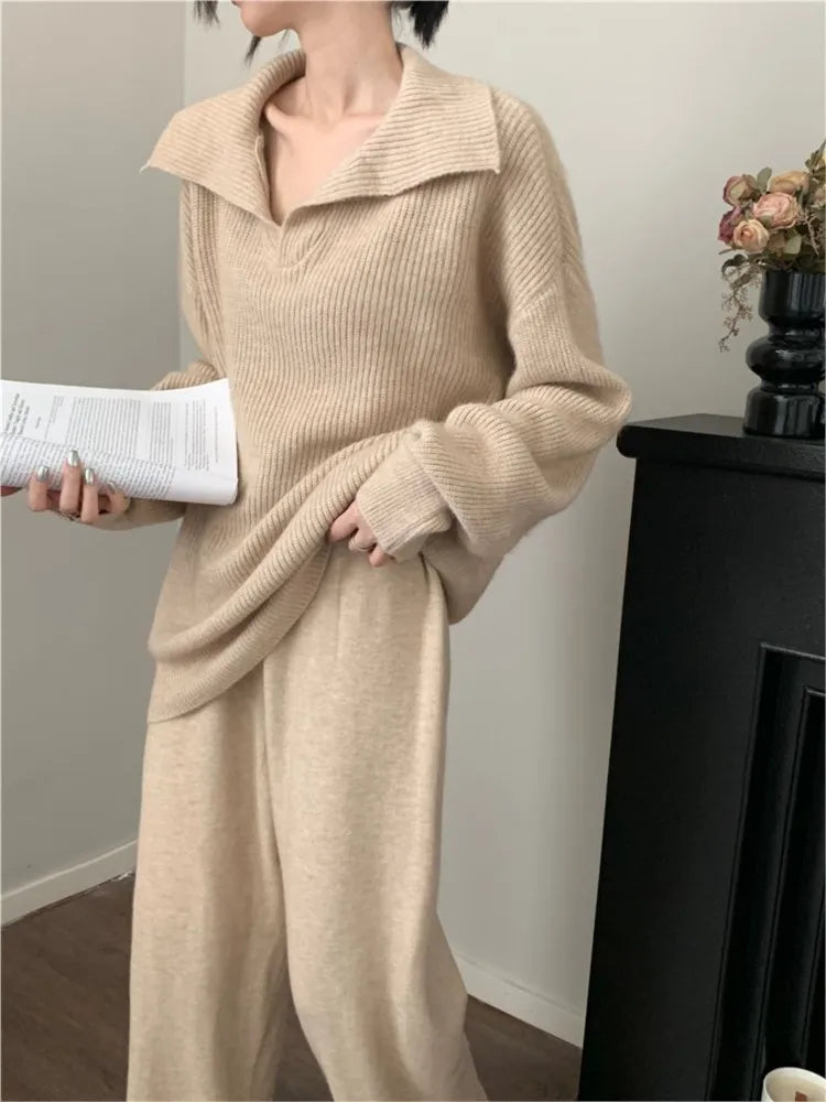 Conjunto de dos piezas de punto para mujer, jersey de solapa, pantalones largos, moda coreana, ropa informal para mujer, prendas de punto nuevas