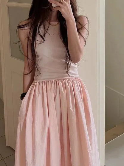 Women Elegant Long Dress Summer Sleeveless Korean Chic Dresses Ladies Vintage A Line Casual Long Robe Vestidos