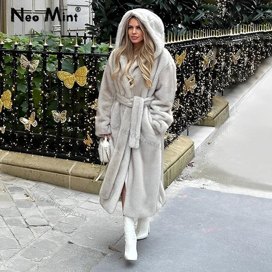 Belted Faux Mink Fur Coat Women  Winter Beige Gradient Furry Fur Jacket Luxury Brand Hooded Warm Outerwear Overcoat