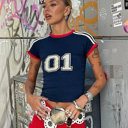 Camiseta minimalista con estampado digital informal de cuello redondo y manga corta para mujer, estilo europeo y americano, novedad Y2K para las cuatro estaciones