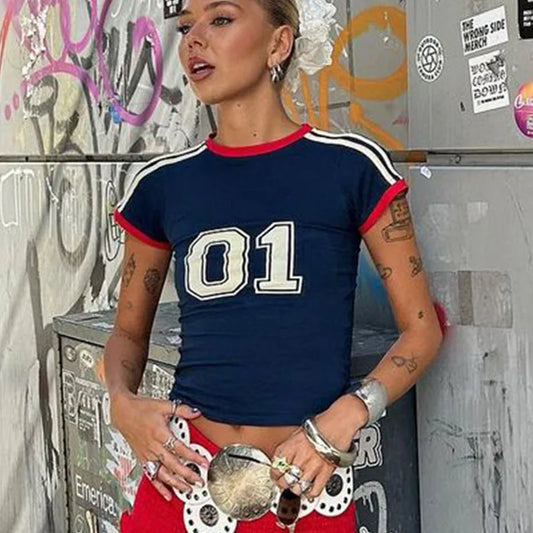 Camiseta minimalista con estampado digital informal de cuello redondo y manga corta para mujer, estilo europeo y americano, novedad Y2K para las cuatro estaciones