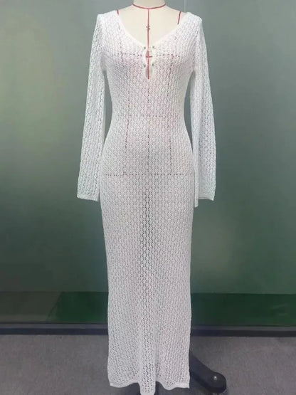 Crochet Beach Maxi Dress Women’s Sexy Knitted Hollow Bikini Swimsuit Cover-Up Sun Protection Dress See Through Slim Lady