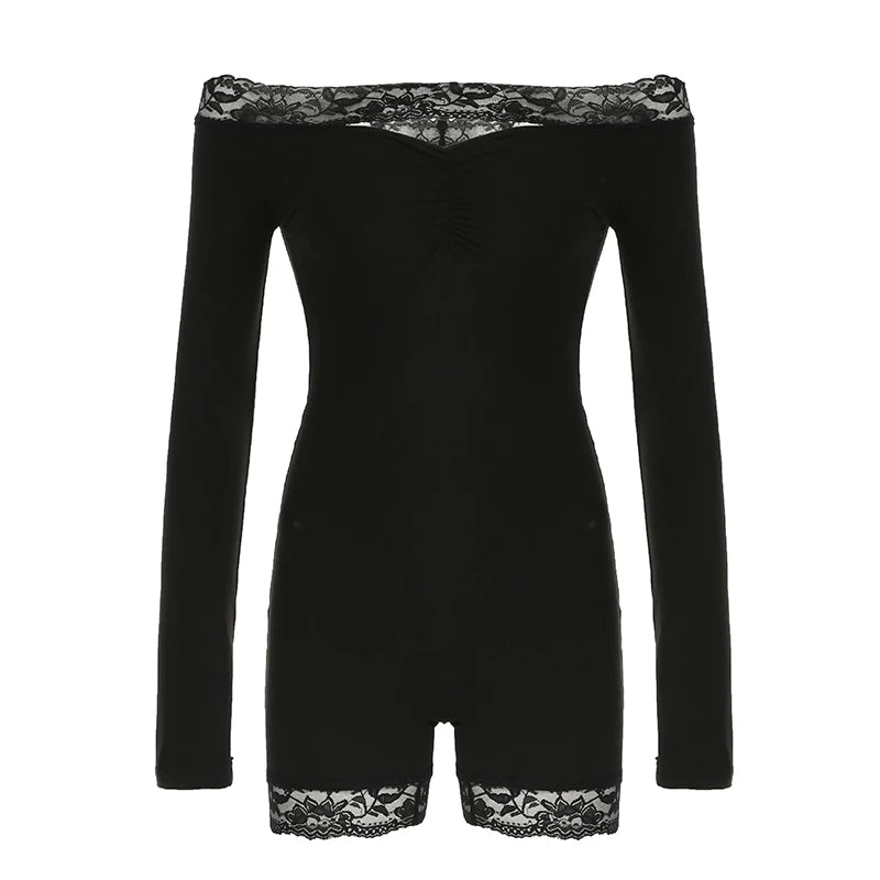 Slim Black Lace Trim Playsuit Women Sexy Comfortable Long Sleeve Classical Rompers s New Chic