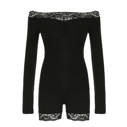 Slim Black Lace Trim Playsuit Women Sexy Comfortable Long Sleeve Classical Rompers s New Chic