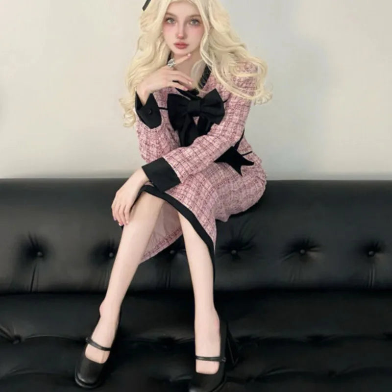 Conjunto de dos piezas elegante de moda coreana para otoño e invierno, chaqueta corta, abrigo, falda midi de cintura alta, conjuntos de lujo.