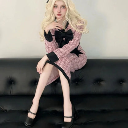 Conjunto de dos piezas elegante de moda coreana para otoño e invierno, chaqueta corta, abrigo, falda midi de cintura alta, conjuntos de lujo.