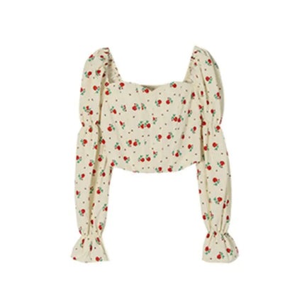 Blusa corta elegante con estampado floral de rosas para mujer, estilo coreano, de manga larga, con hombros descubiertos y mangas abullonadas, nueva