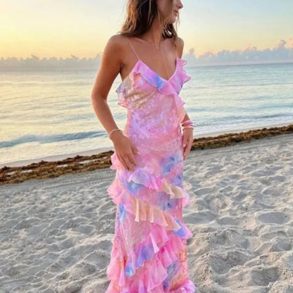 Sexy V-neck Backless Sleeveless Long Dresses Fashionable High Waist Slim Party Dress 2025 Elegant Print Women’s Evening Dress