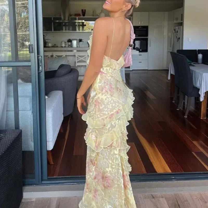 Sexy V-neck Backless Sleeveless Long Dresses Fashionable High Waist Slim Party Dress 2025 Elegant Print Women’s Evening Dress