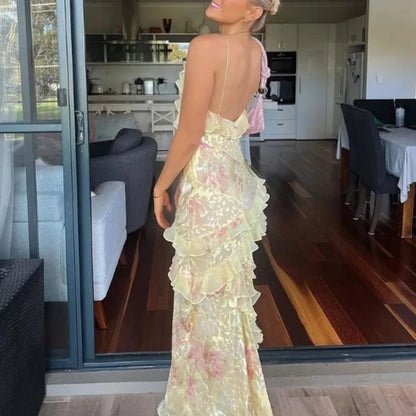 Sexy V-neck Backless Sleeveless Long Dresses Fashionable High Waist Slim Party Dress 2025 Elegant Print Women’s Evening Dress