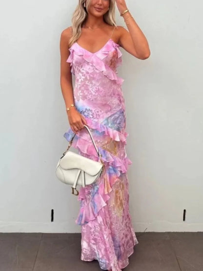 Sexy V-neck Backless Sleeveless Long Dresses Fashionable High Waist Slim Party Dress 2025 Elegant Print Women’s Evening Dress