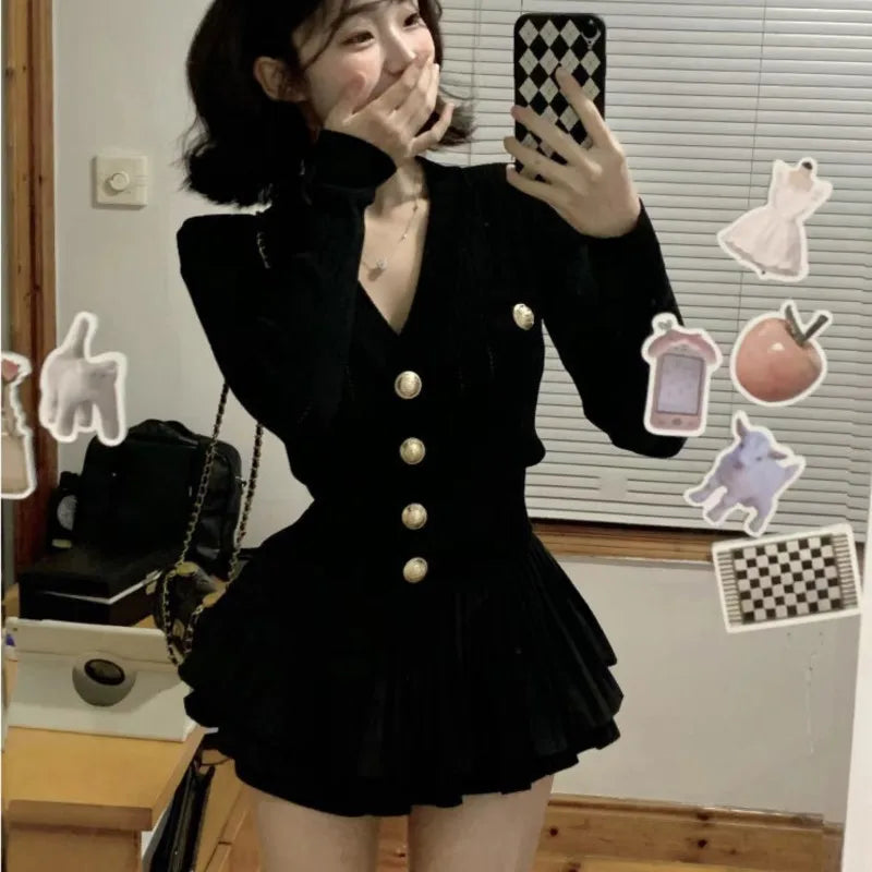 Autumn Korean Fashion Knitted Two-piece Skirt Set Women Casual Single Breasted V-neck Sweater Mini Ruffles Skirt Y2K New Outfits