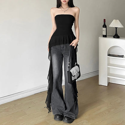y2k Strapless Top Women Summer Solid Color Off Shoulder Sleeveless Asymmetrical Ruffle Hem Bandeau Vest Streetwear
