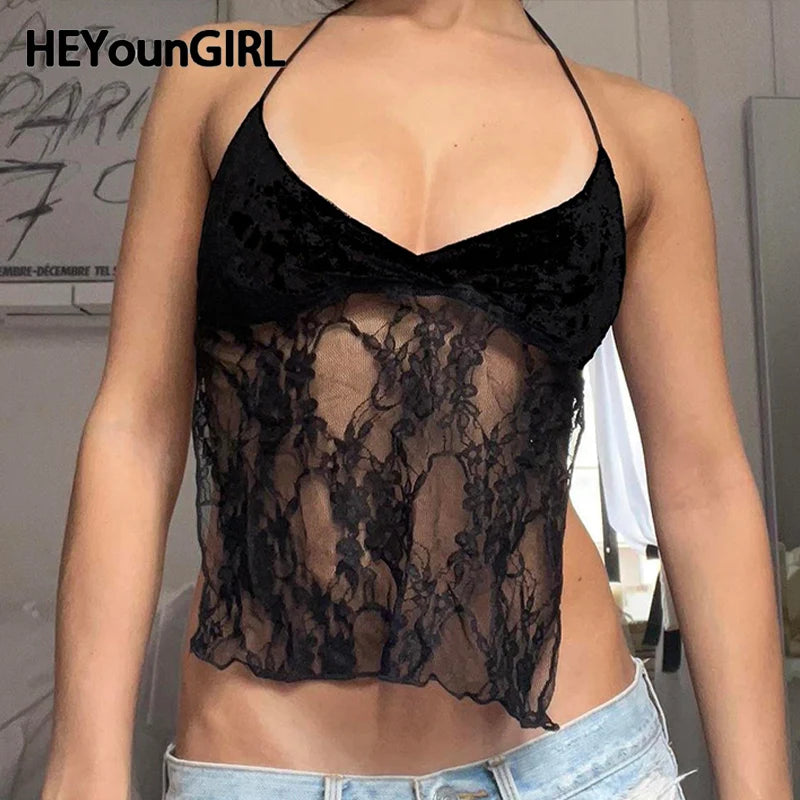 Camisola sexy con cordones y espalda descubierta para mujer, con retazos de encaje y cuello en V, top corto estilo halter Y2K, estilo urbano festivo