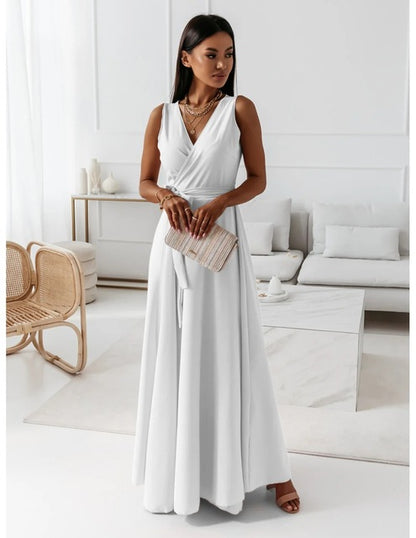 2025 Dresses For Women White Sleeveless Sexy Loose V Neck Solid Color Long Dresses Elegant Party Evening Robe Vestidos