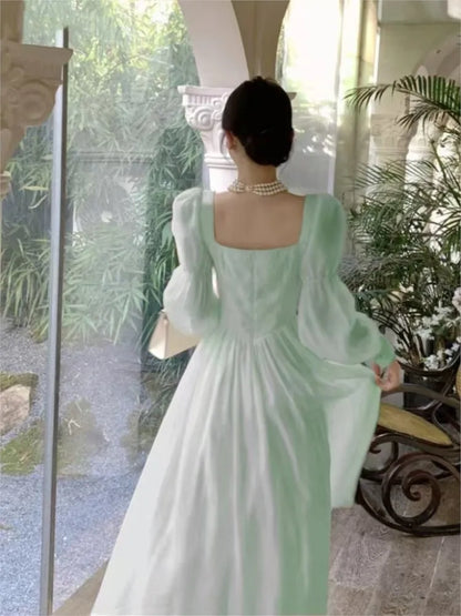 Vestidos midi de princesa de otoño para mujer, cuello cuadrado, cintura estrecha, mangas abullonadas, ropa vintage elegante para mujer, vestido de una pieza