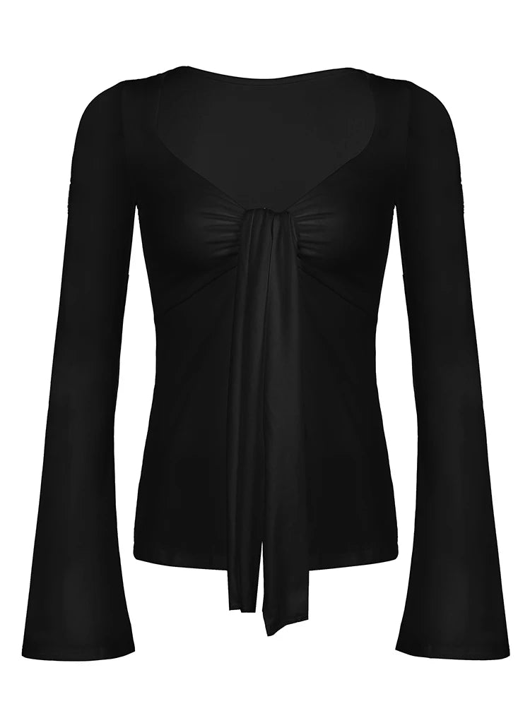 Black Tie V Neck Elegant Split Slim Sexy Blouses Women Flared Long Sleeve Solid Basic Fashion Spring Autumn Shirts