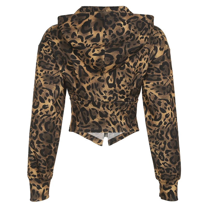 Autumn New Zip Up Hooded Women¡¯s Sweats Long Sleeve Binding Waist Leopard Streetwear Hoodies Gyaru Baddie Y2k