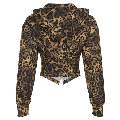 Autumn New Zip Up Hooded Women¡¯s Sweats Long Sleeve Binding Waist Leopard Streetwear Hoodies Gyaru Baddie Y2k